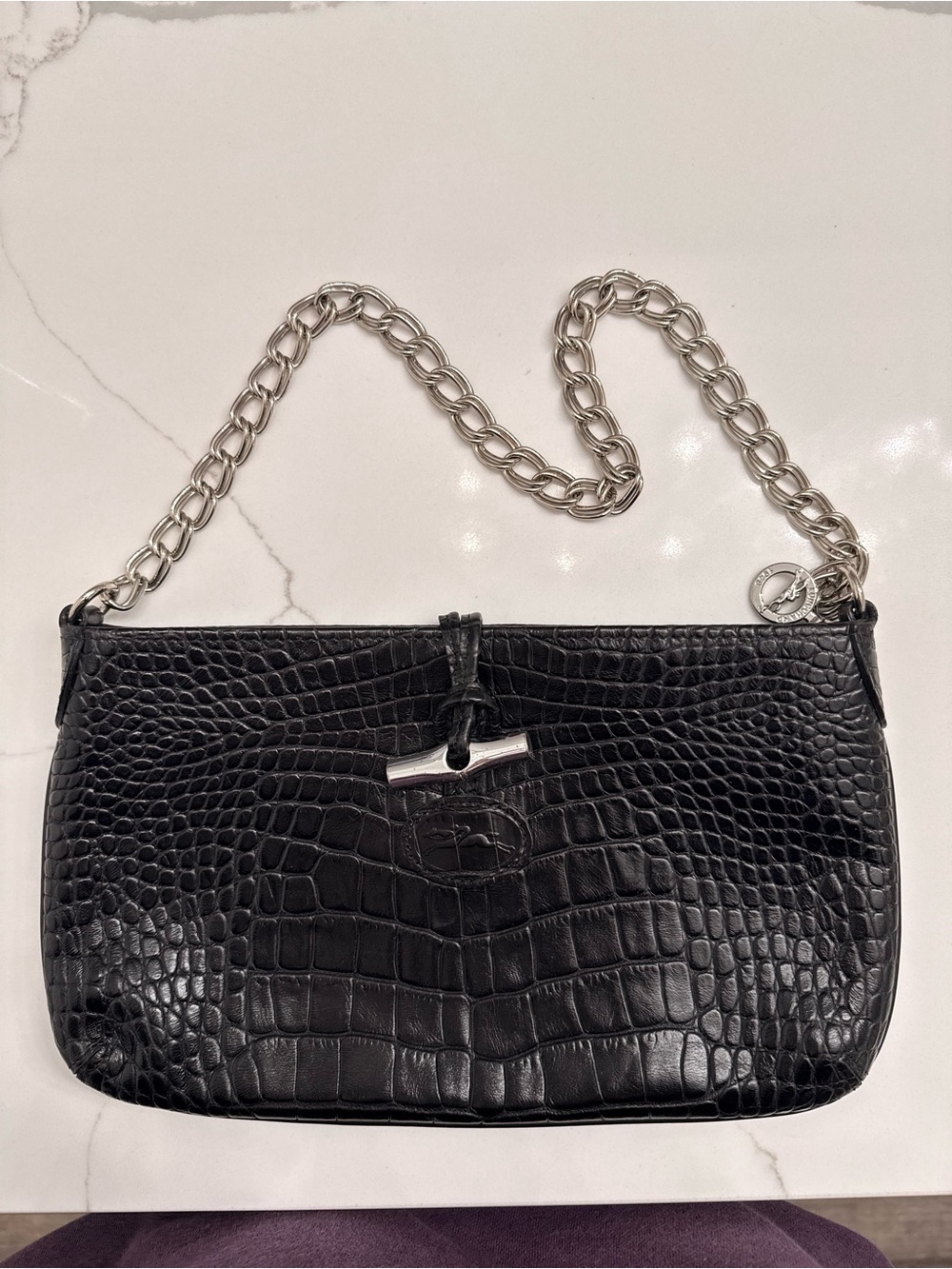 Longchamp Black croc style Embossed Chain Shoulder Bag
